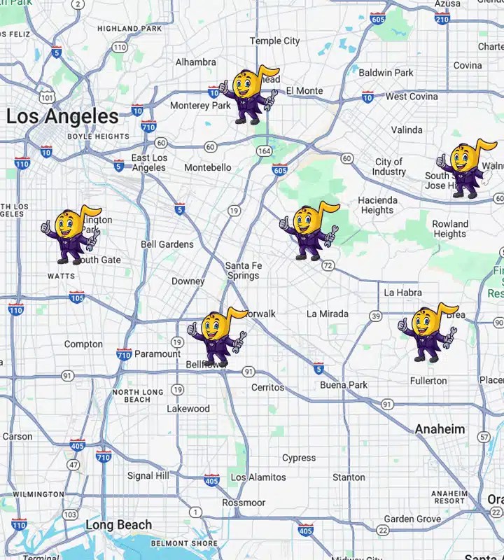 Map of Los Angeles area with animated icons marking various locations, highlighting service points.