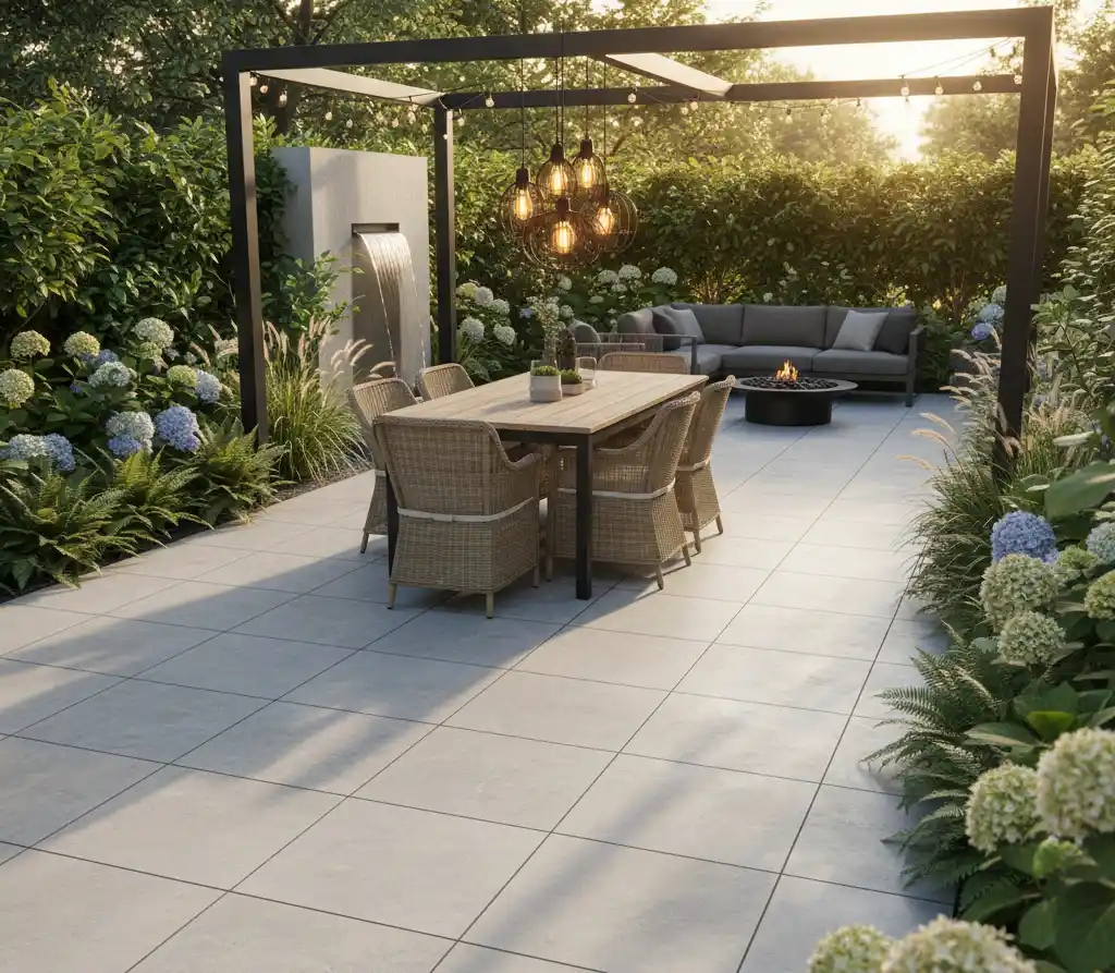 Modern patio with dining area, pergola, and garden lights, surrounded by lush greenery and hydrangeas.