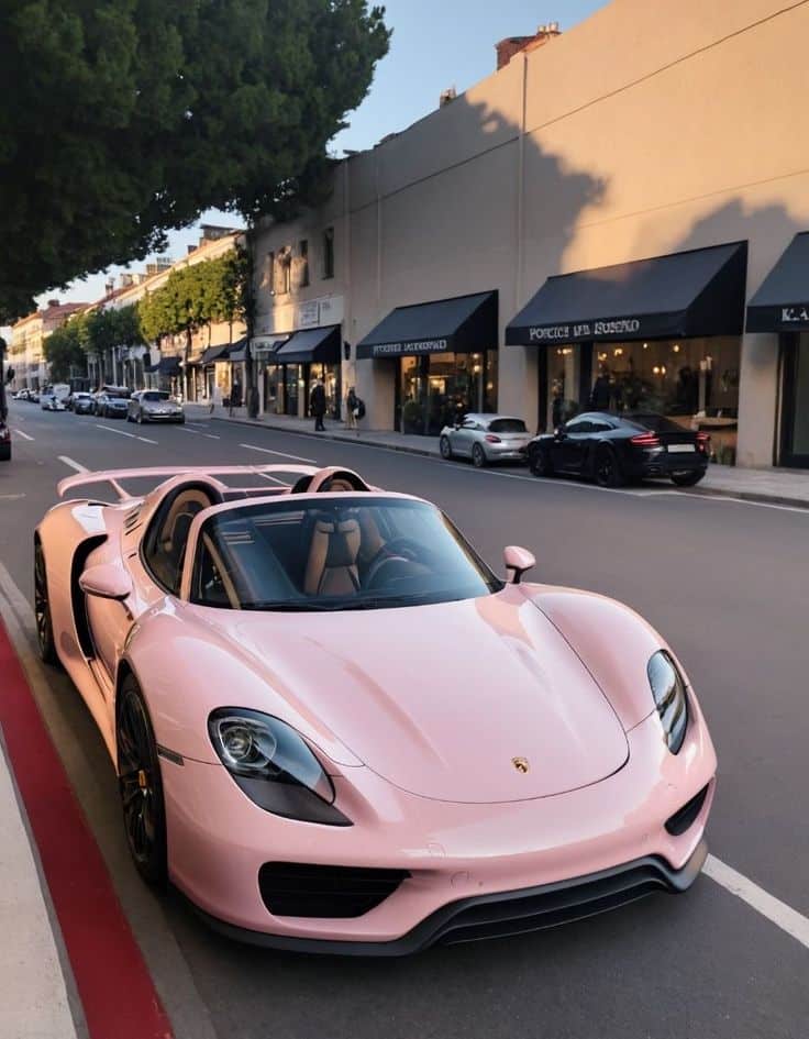 Pink sports car parked on stylish city street, surrounded by upscale shops and lush trees in the background.
