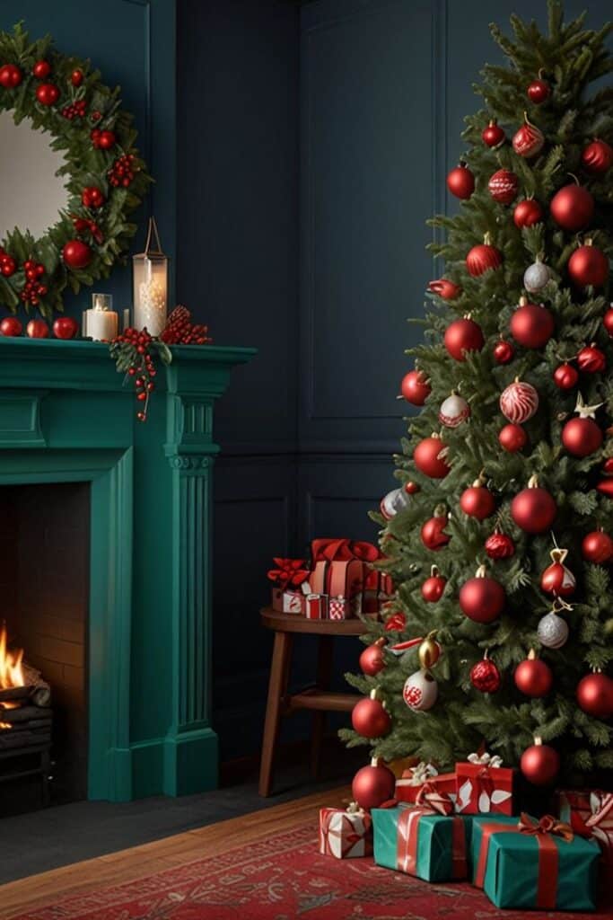 op Trending Christmas Color Schemes for This Holiday Season Festive living room with a decorated Christmas tree, gifts, and a glowing fireplace adorned with a holiday wreath. | Sky Rye Design Festive living room with a decorated Christmas tree, gifts, and a glowing fireplace adorned with a holiday wreath.