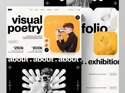 Web design showcasing photography, visual art, and portfolio highlights with bold text and contrasting black and yellow elements.