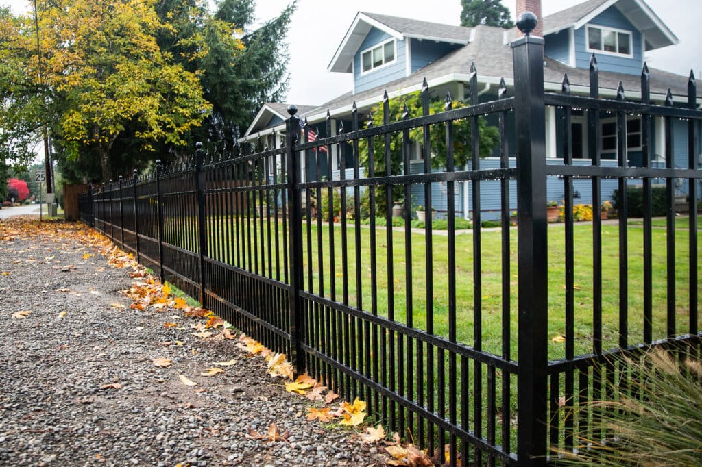 ornamental-fencing-company-near-me-1 Black metal fence lining a sidewalk beside a blue house with autumn leaves scattered on the ground. | Sky Rye Design Black metal fence lining a sidewalk beside a blue house with autumn leaves scattered on the ground.