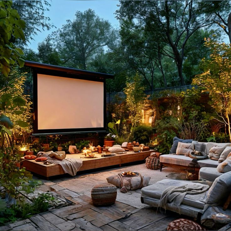 Cozy outdoor home theater with comfortable seating, soft lighting, and a large screen amidst lush greenery.