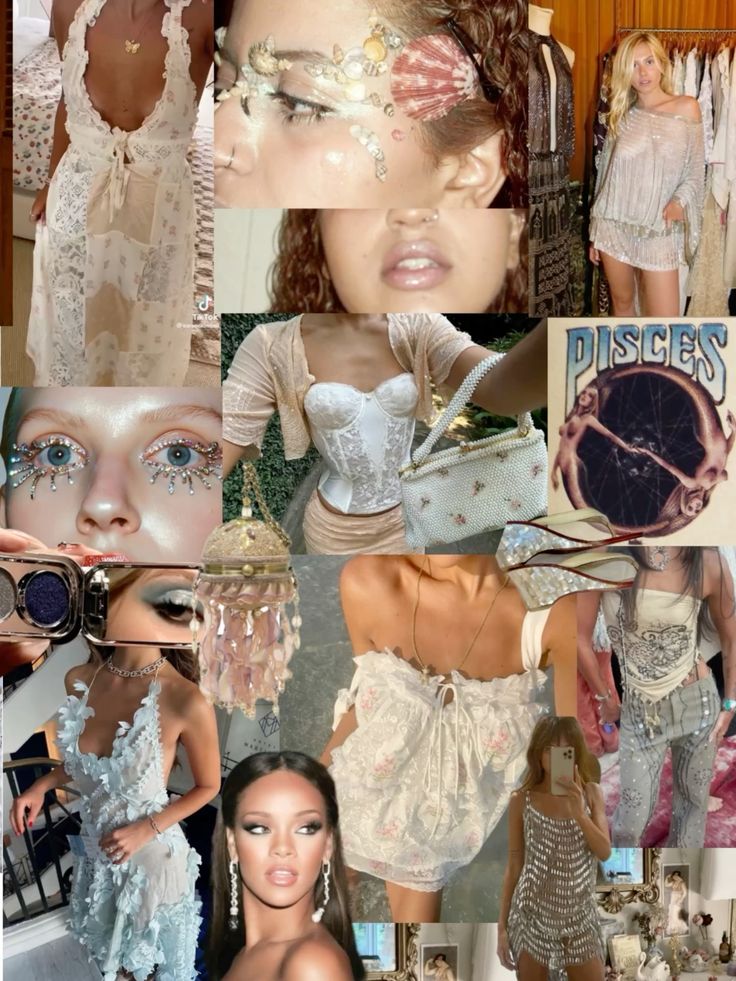 pisces mood board 🐚 insta_ emma_kcs Collage of ethereal fashion styles featuring lace, rhinestones, seashell makeup, and celestial Pisces theme. | Sky Rye Design Collage of ethereal fashion styles featuring lace, rhinestones, seashell makeup, and celestial Pisces theme.
