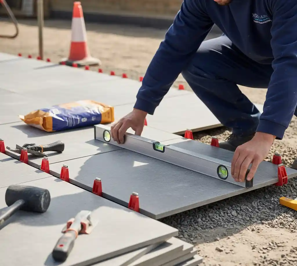 Worker leveling outdoor tiles with a spirit level, surrounded by tools and plastic spacers.