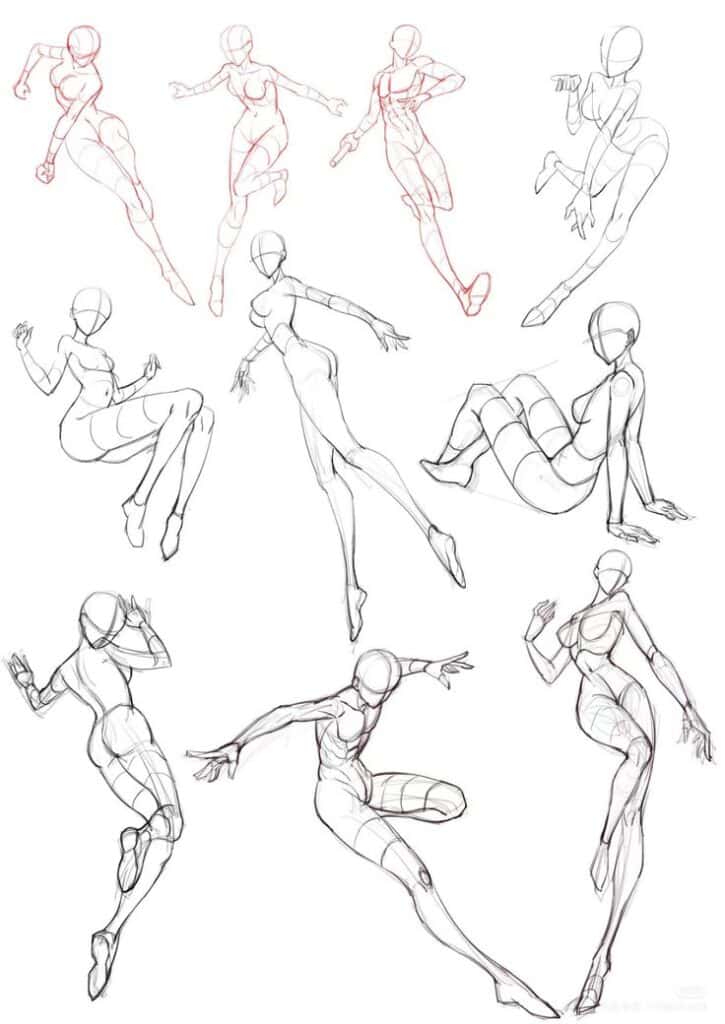 Dynamic sketch of human figures in various action poses, ideal for studying anatomy and movement.