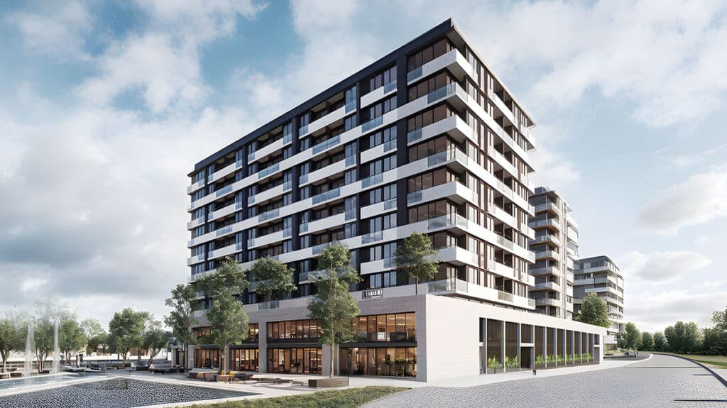 Modern apartment building with glass balconies and trees, set against a cloudy sky background.