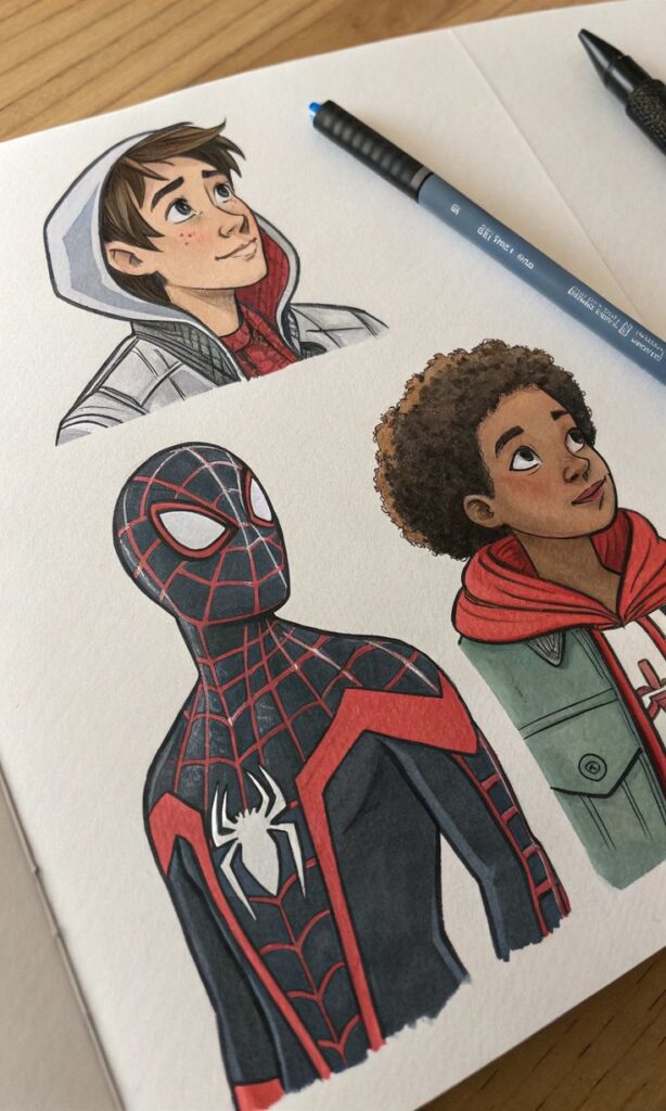 Illustrated characters on sketchbook page, including a person in a Spider-Man suit and two others looking upward.
