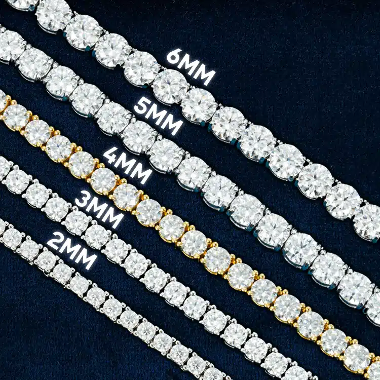Diamond tennis bracelets in sizes 2mm to 6mm on a dark background.
