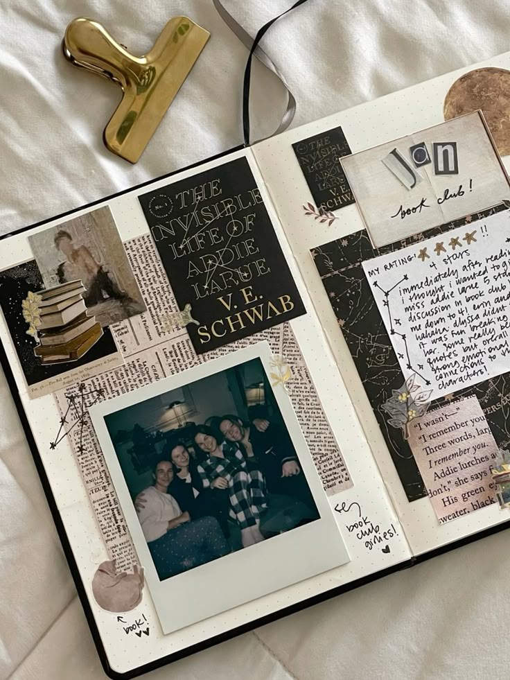 Decorative journal spread featuring The Invisible Life of Addie LaRue with a group photo and book club notes.