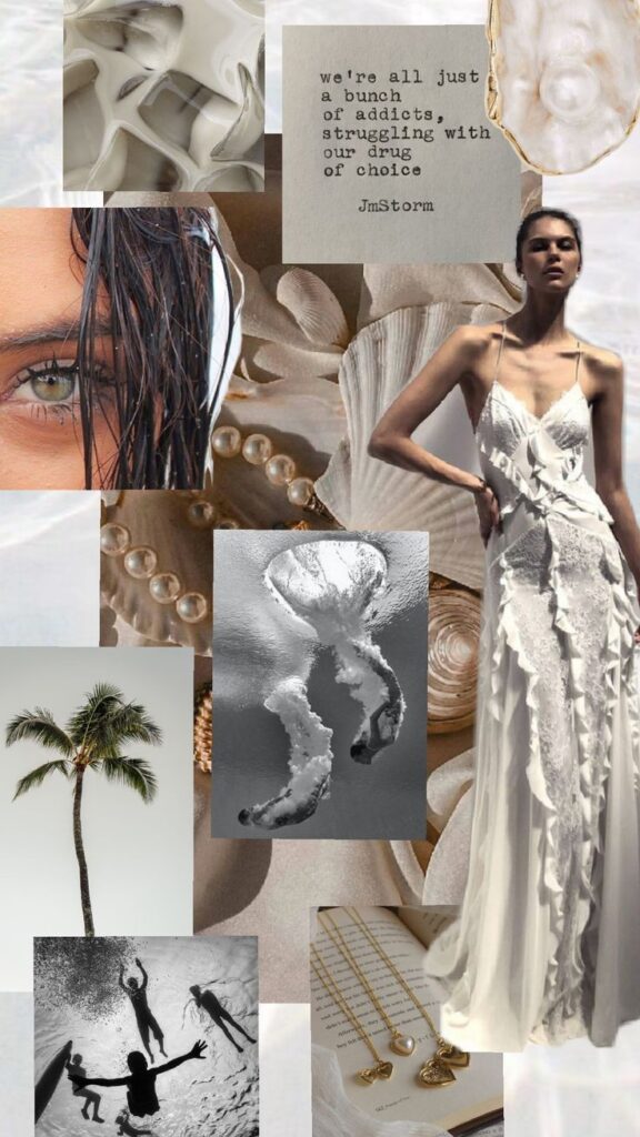 sea ideas notepad summer gold fish fun ocean_ Fashion collage with model in white dress, palm tree, ocean scenes, pearls, and motivational quote. Bohemian aesthetic. | Sky Rye Design Fashion collage with model in white dress, palm tree, ocean scenes, pearls, and motivational quote. Bohemian aesthetic.