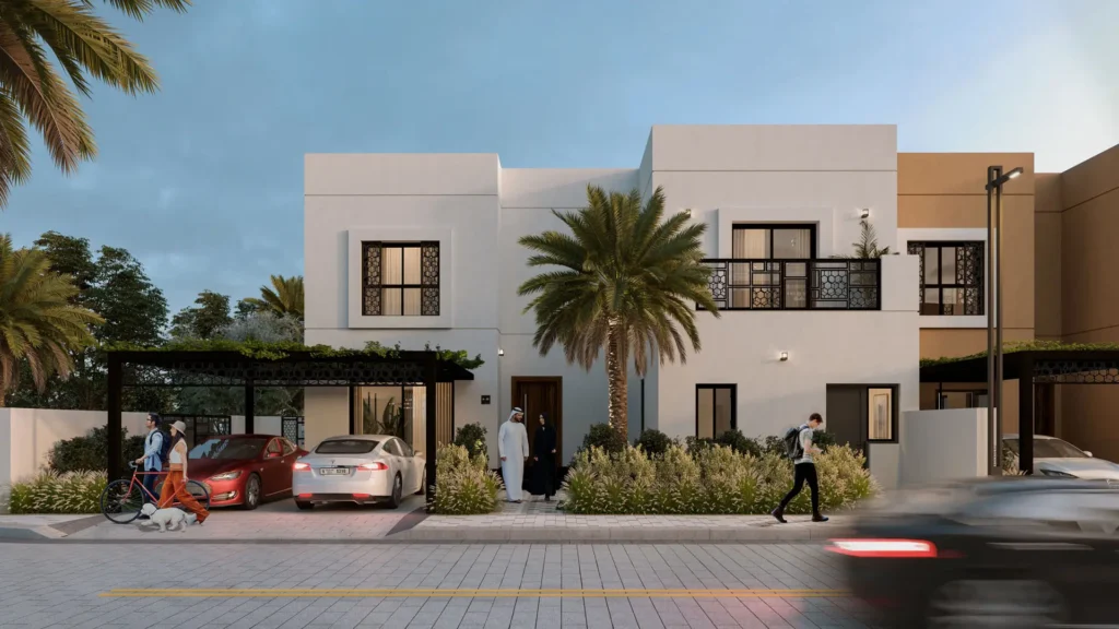 Modern villa exterior with palm trees, parked cars, and pedestrians in front, under a blue sky.