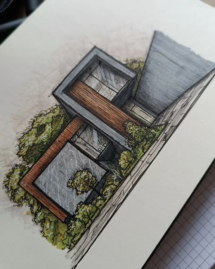 Architectural sketch of a modern house with lush greenery and geometric design elements.