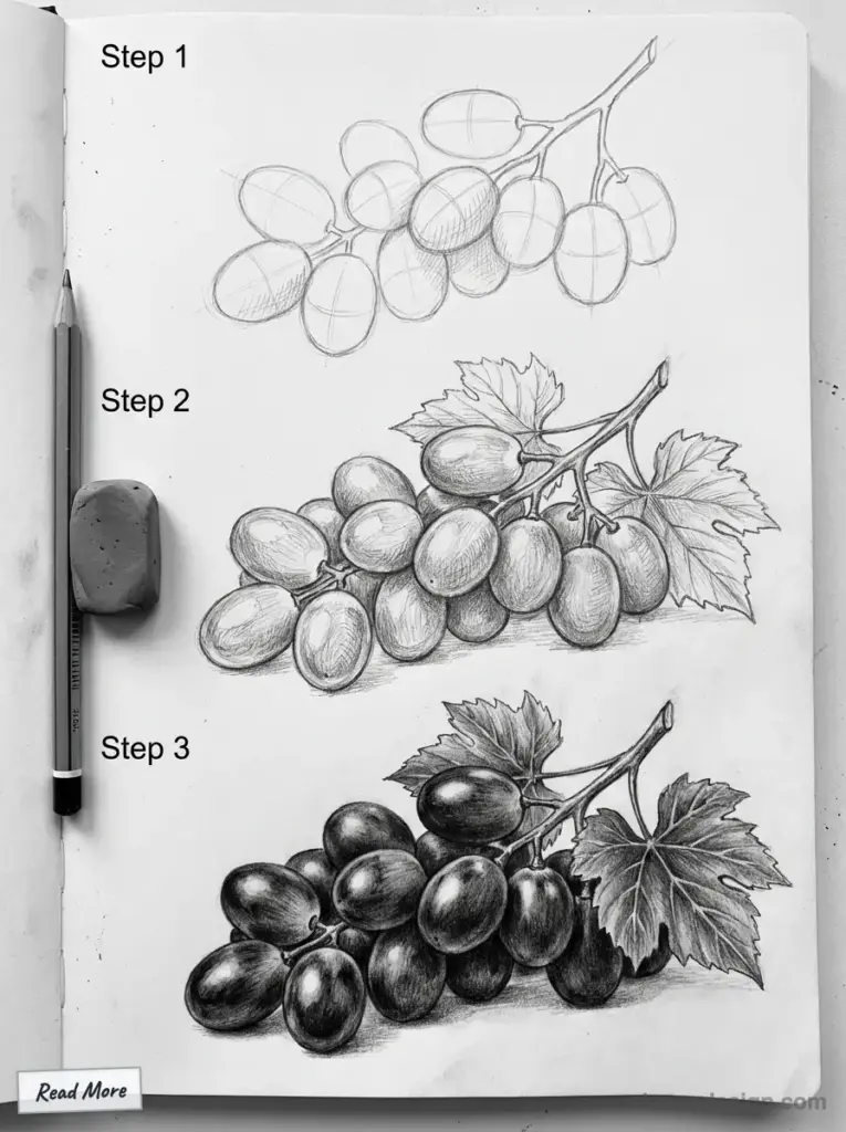 Step-by-step pencil drawing of grapes, from sketch to detailed shading, showing artistic progression on paper.
