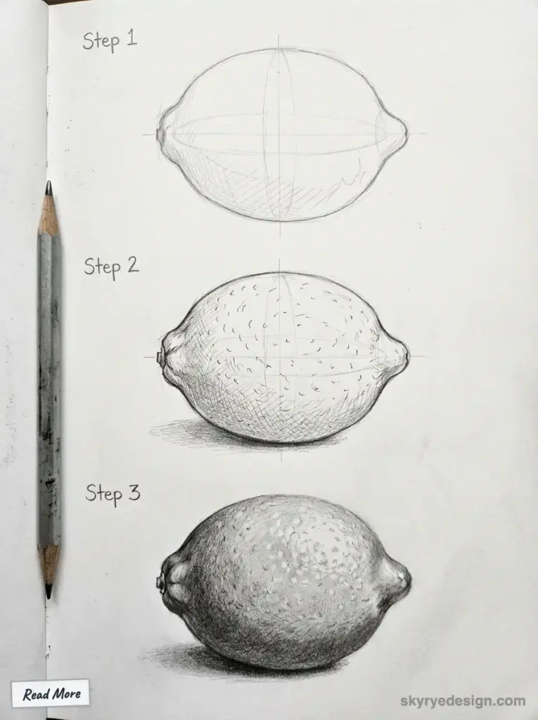 Step-by-step pencil drawing tutorial of a lemon, from outline to shading, with a pencil beside the sketch.