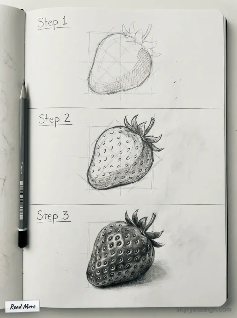 Step-by-step pencil sketch of a strawberry: outlines in step 1, details in step 2, and shaded realism in step 3.