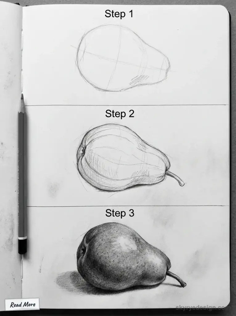 Step-by-step pear drawing tutorial: sketch outline to shading with pencil. Learn realistic drawing techniques in 3 easy steps.