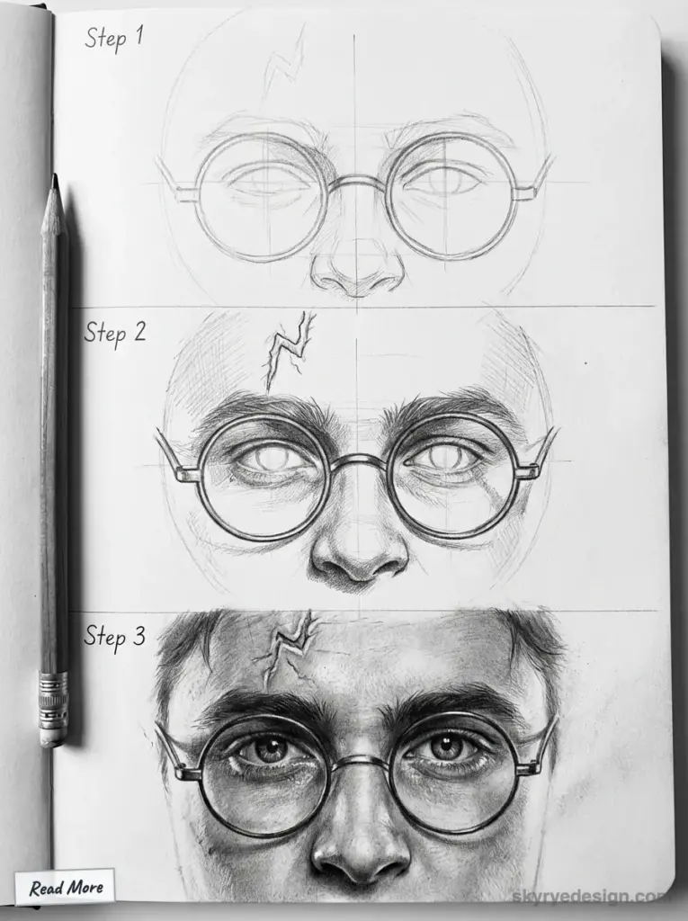 Step-by-step detailed pencil sketch of a character with round glasses and lightning scar, showing progressive drawing techniques. Harry's Iconic Glasses and Lightning Scar
