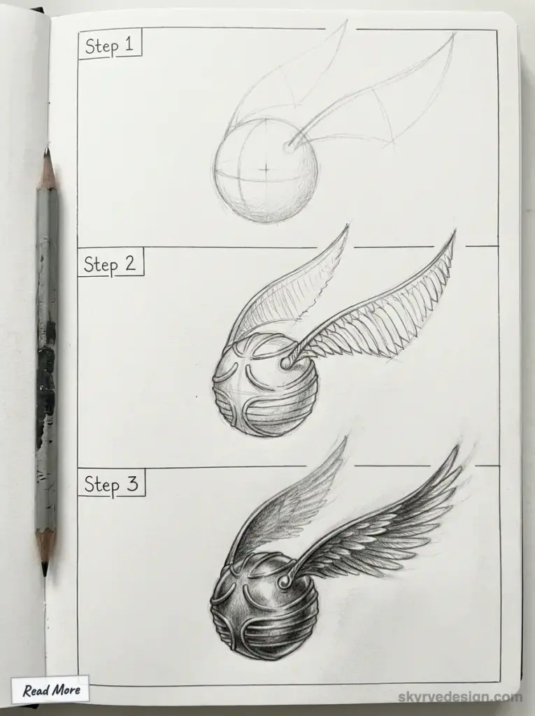 Step-by-step sketch tutorial of a winged ball. Pencil drawings progress from simple shapes to detailed design. Golden Snitch