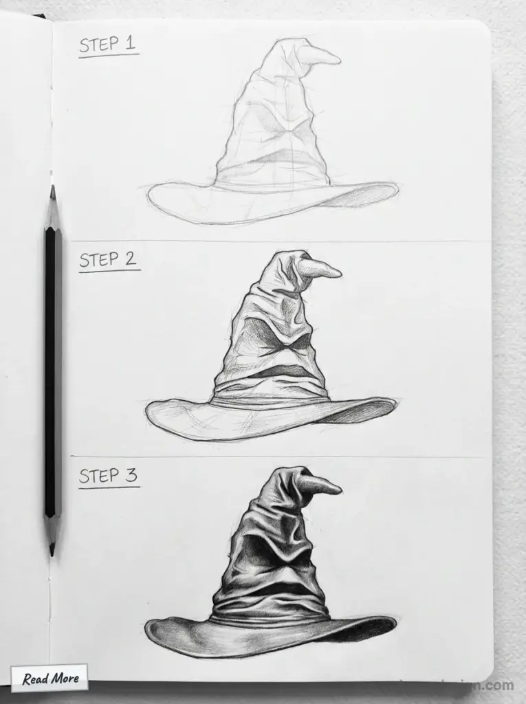 Step-by-step pencil drawing tutorial of a wizard hat on sketchbook with shading techniques. Perfect for art enthusiasts and beginners. Sorting Hat