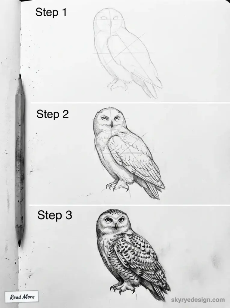 Step-by-step owl drawing tutorial on sketchpad, from basic outline to detailed shading, with pencil. Perfect for art learners. Hedwig's Silhouette