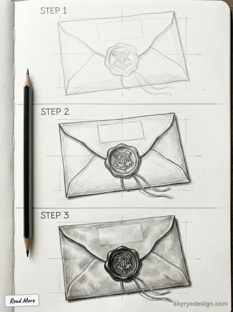 Sketches of an envelope with a wax seal in three drawing steps, featuring shading progression and a pencil on the side.