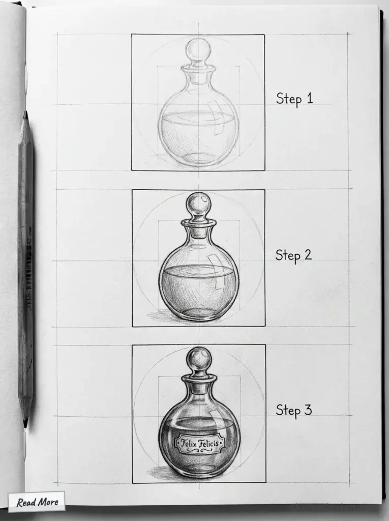 Drawing tutorial on sketching a potion bottle in three steps. Learn shading and detailing for realistic glass effect.