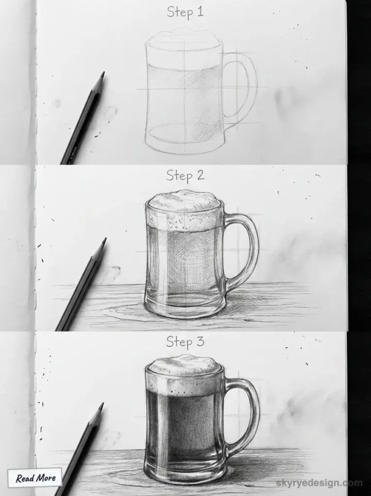 Step-by-step sketch tutorial of a beer mug, showing progression from outline to detailed shading.