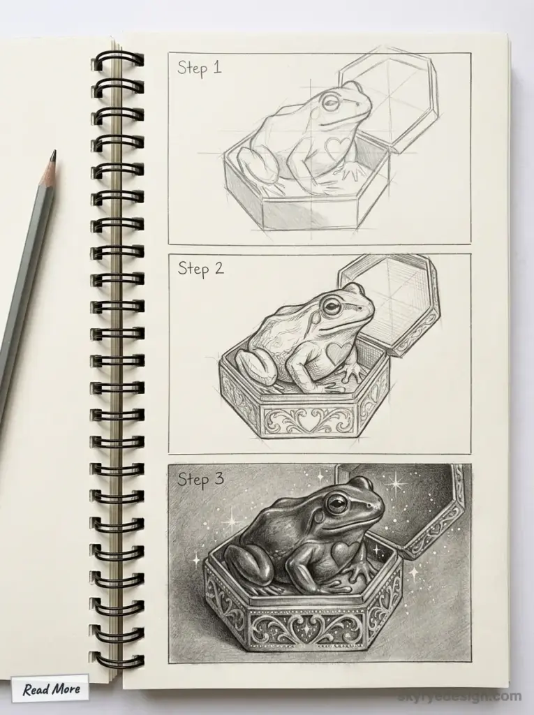 Step-by-step pencil drawing of a frog in an ornate box, progressing from sketch to detailed, shaded artwork in a spiral-bound notebook.