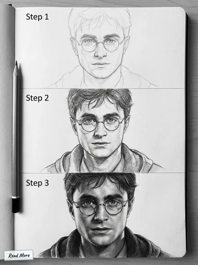 Step-by-step pencil drawing tutorial of a character with glasses on a sketchbook with a pencil alongside.