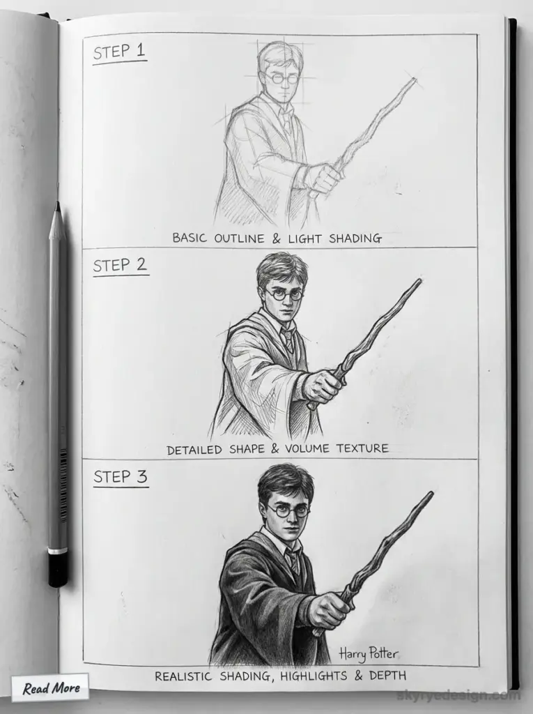 Three-step pencil drawing tutorial of a wizard, showing progression from basic outline to detailed shading and highlights.