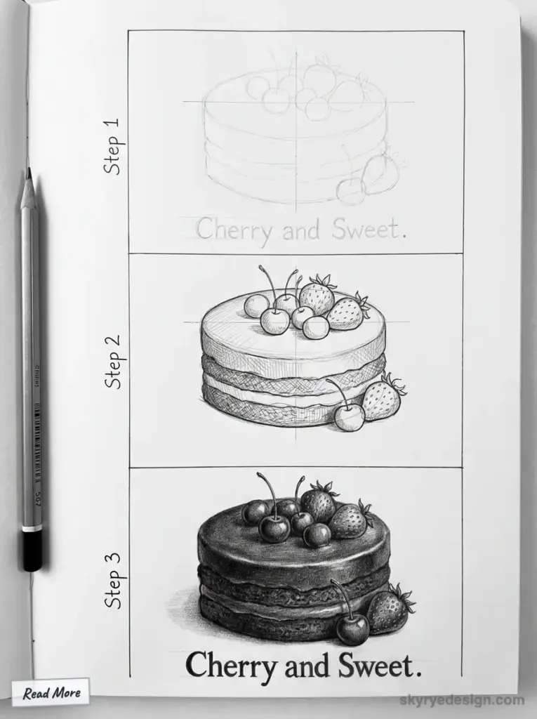 Illustrated step-by-step guide of a cake drawing process, topped with cherries and strawberries.