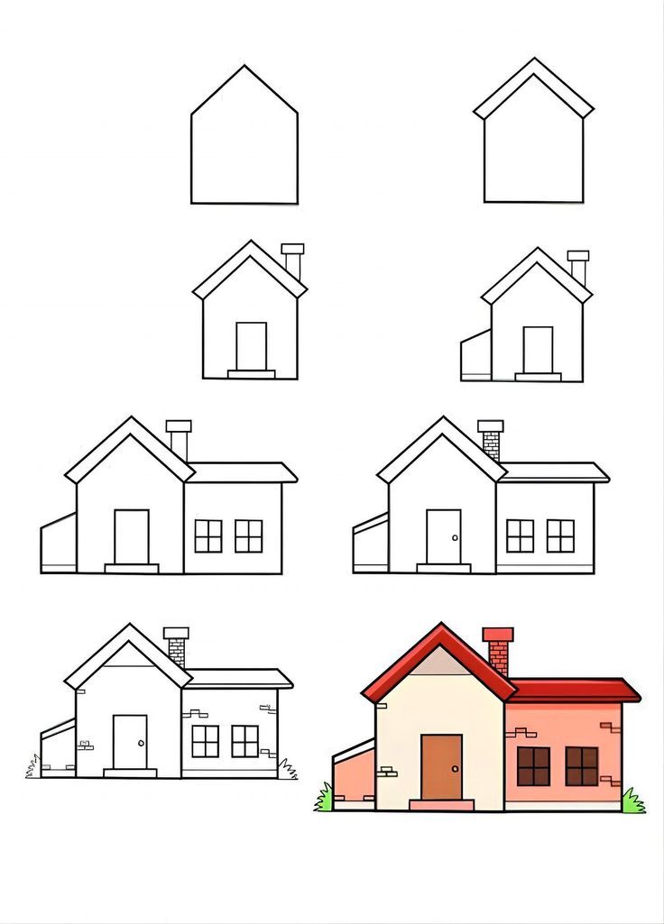 Step-by-step guide to drawing a simple house, from outline to color.