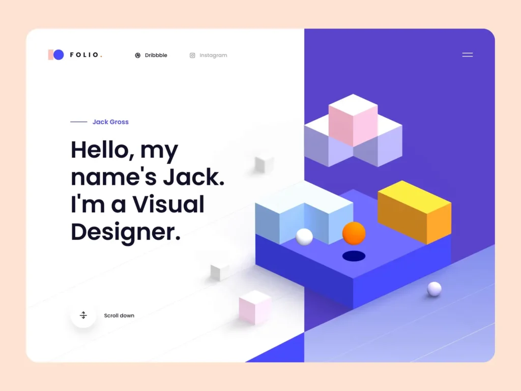 Modern visual designer portfolio with 3D geometric shapes and contact links.