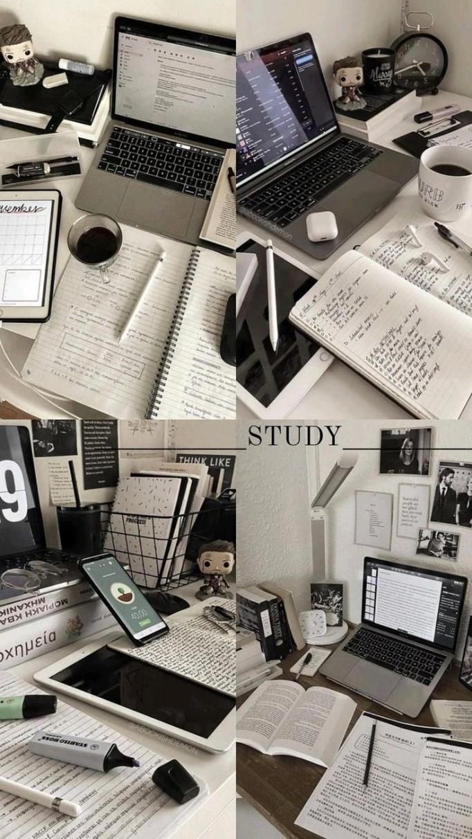 study aesthetic Modern study desk with laptops, notebooks, and stationery; perfect workspace for productivity and organization. | Sky Rye Design Modern study desk with laptops, notebooks, and stationery; perfect workspace for productivity and organization.