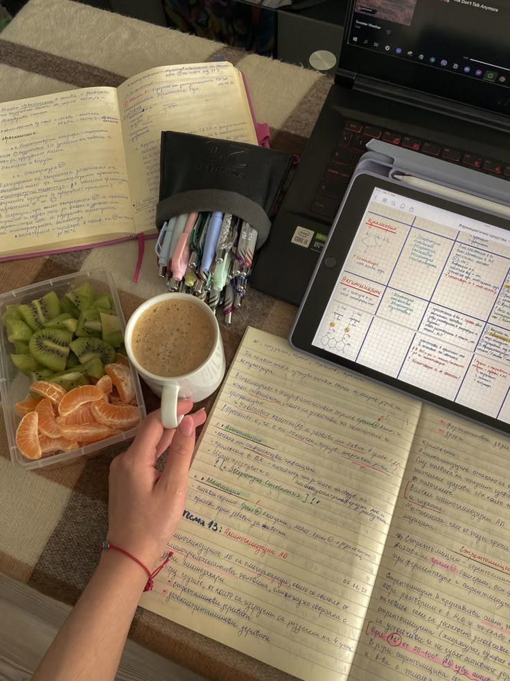 study atmosphere 📚 копия Studying with coffee and notebooks, featuring colorful pens, kiwi, tangerines, and a tablet. | Sky Rye Design Studying with coffee and notebooks, featuring colorful pens, kiwi, tangerines, and a tablet.