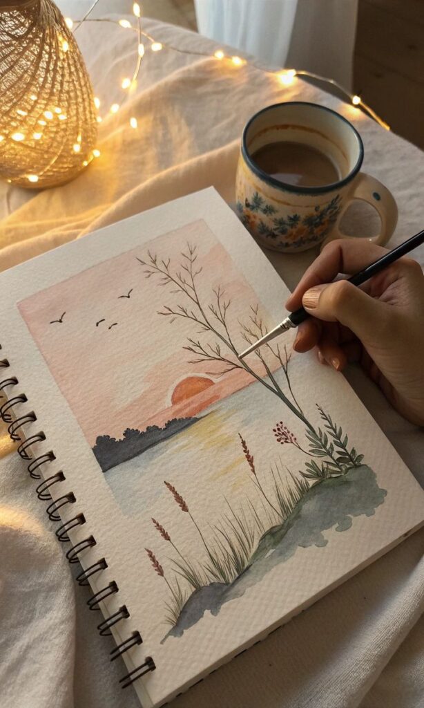 Cozy art session with a sunrise painting, a warm cup of coffee, and string lights on a soft fabric background.
