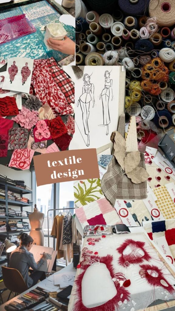 Collage of textile design process with fabrics, sketches, sewing threads, and a designer at work in a studio.