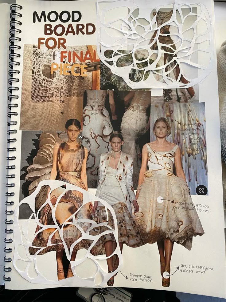 Fashion mood board with layered textures and dress designs inspired by erosion and nature, for final piece concept.