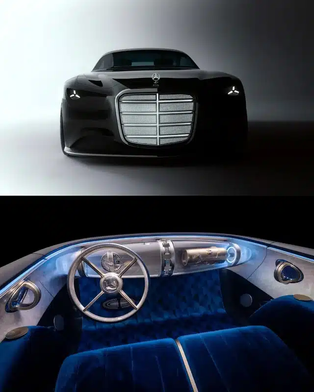 the-new-mercedes-vision-iconic-v0-6xlt1ad5rhvf1 Sleek black luxury car exterior and futuristic blue interior with a classic steering wheel. | Sky Rye Design Sleek black luxury car exterior and futuristic blue interior with a classic steering wheel.