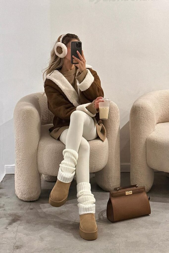 Cozy winter outfit: woman in shearling coat and earmuffs, holding coffee in stylish, modern chair.