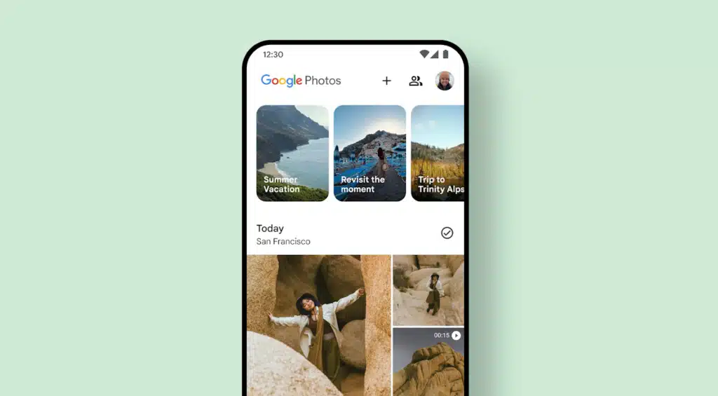 Smartphone displaying Google Photos app interface with travel albums for easy photo organization and sharing.
