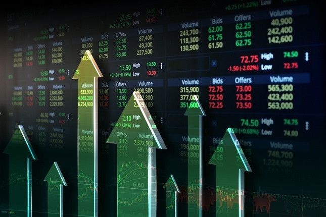 Arrows rising on a digital stock market display showing increasing trends in financial data and trade values.
