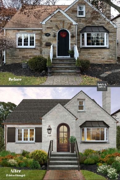 Before and after renovation of a house showcasing updated exterior design with new paint and landscaping.