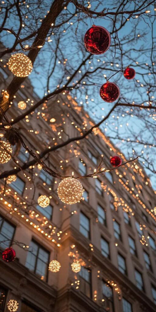 Tree branches adorned with sparkling lights and red ornaments against a building facade during festive season.