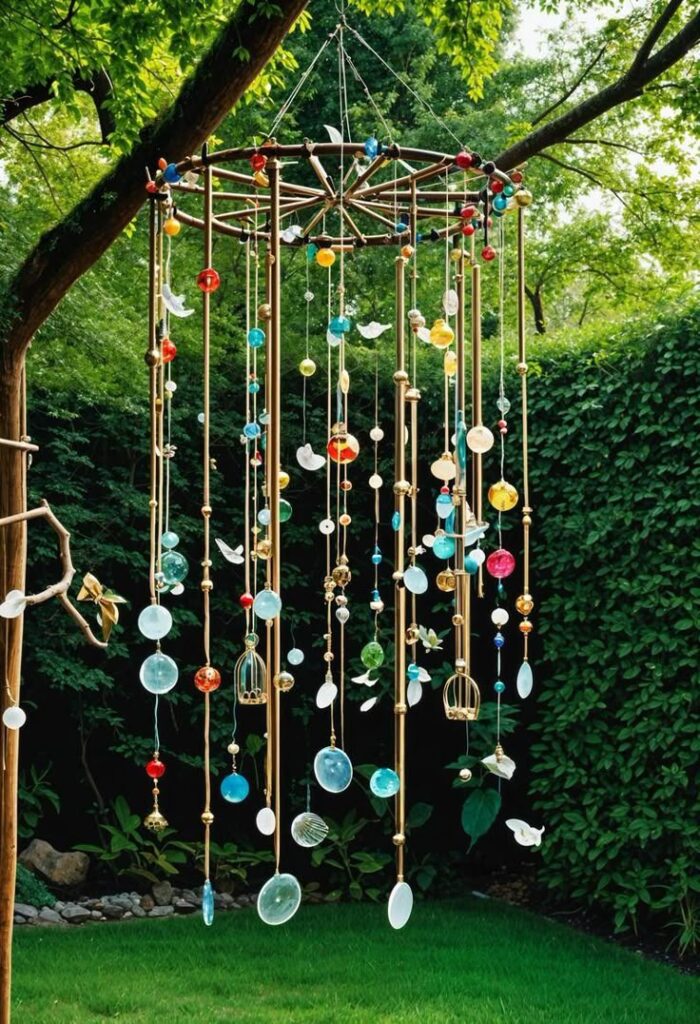 Colorful outdoor wind chime with glass ornaments hanging from a tree in a lush garden setting.