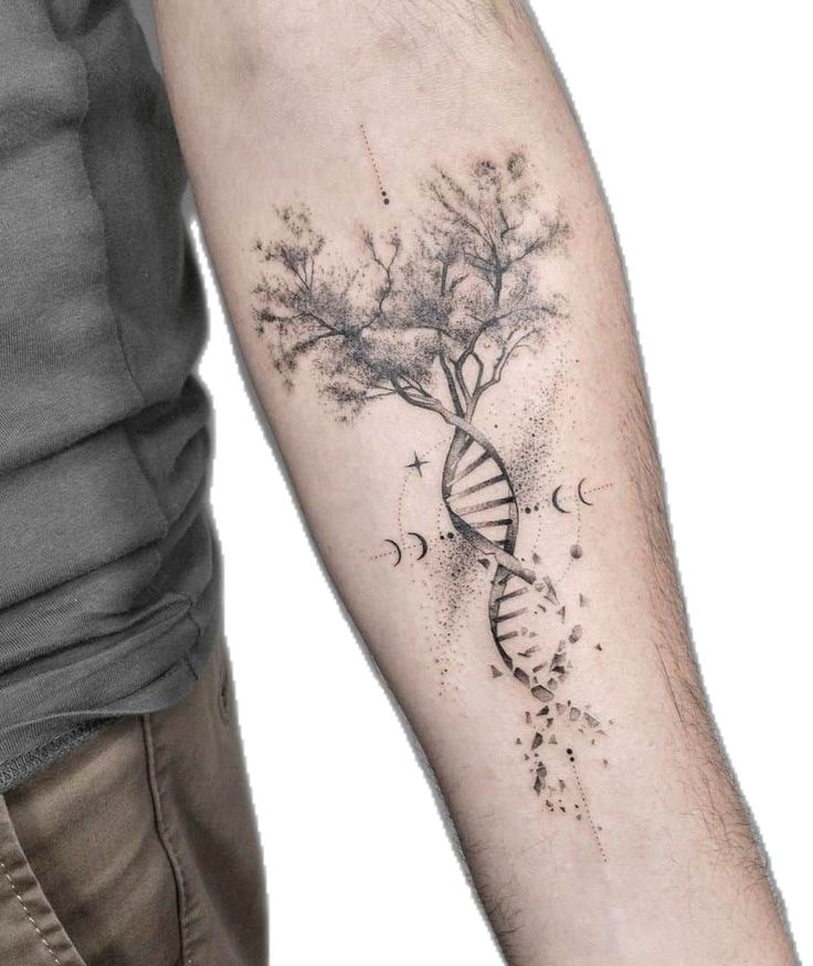 DNA tree tattoo design on forearm, blending nature with science. Black and grey ink with cosmic elements.