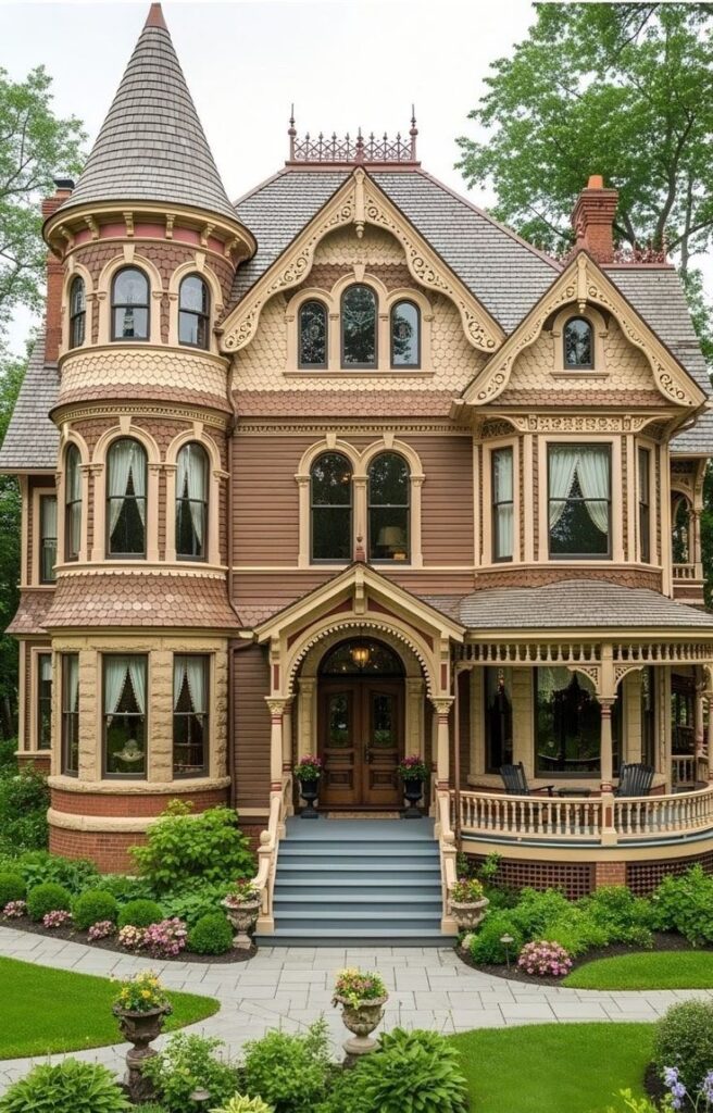 _ Victorian-style house with ornate details, lush garden, and round tower, showcasing classic architecture and elegance. | Sky Rye Design Victorian-style house with ornate details, lush garden, and round tower, showcasing classic architecture and elegance.