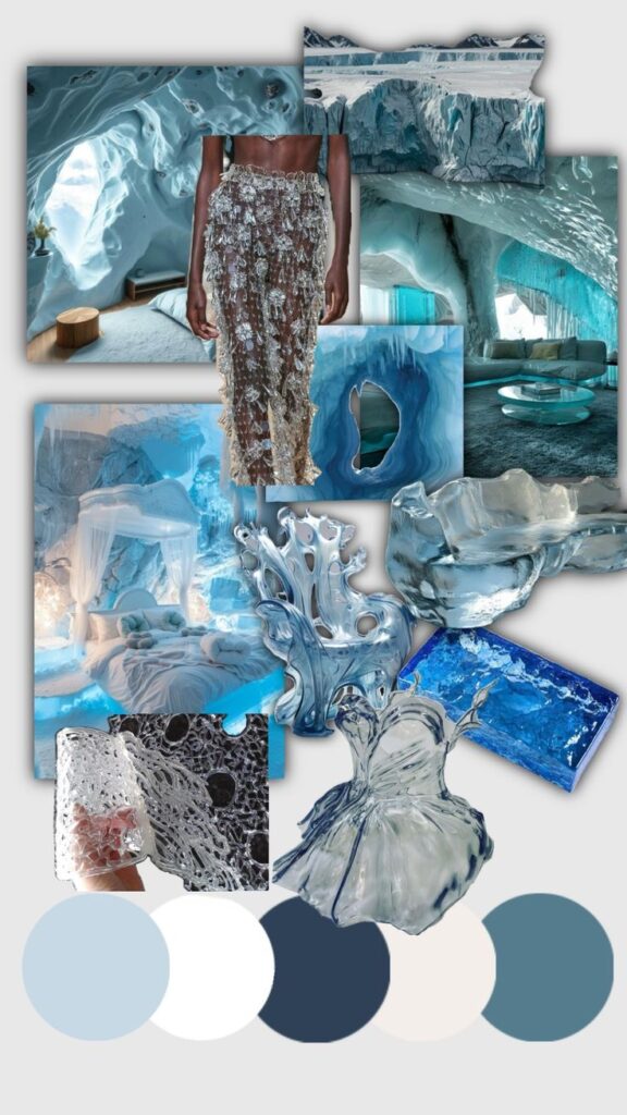 Collage of icy blue and transparent designs featuring icy landscapes, glass art, and a crystal-like textured dress.