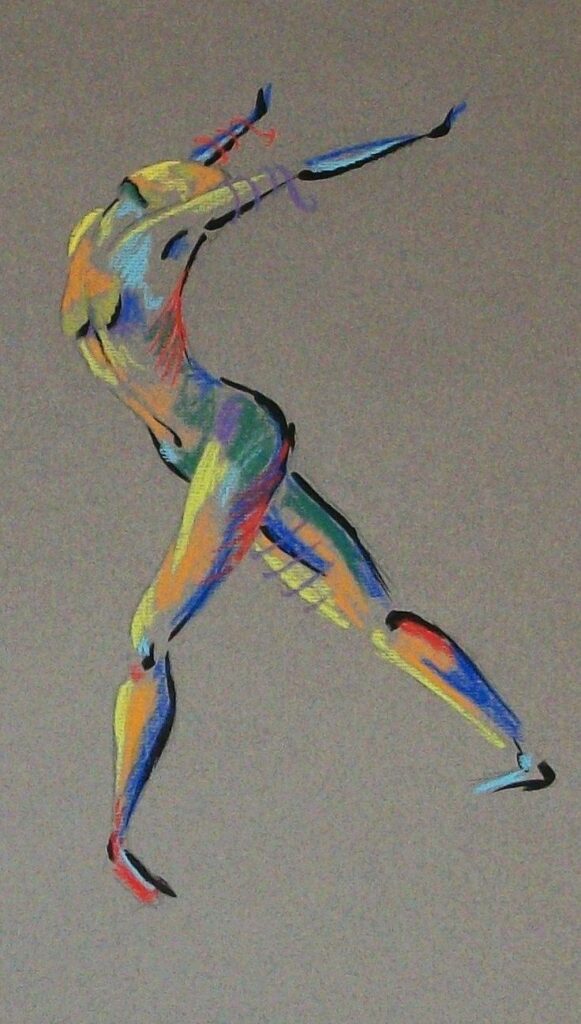 Colorful abstract painting of a dynamic dancer in motion on a gray background.